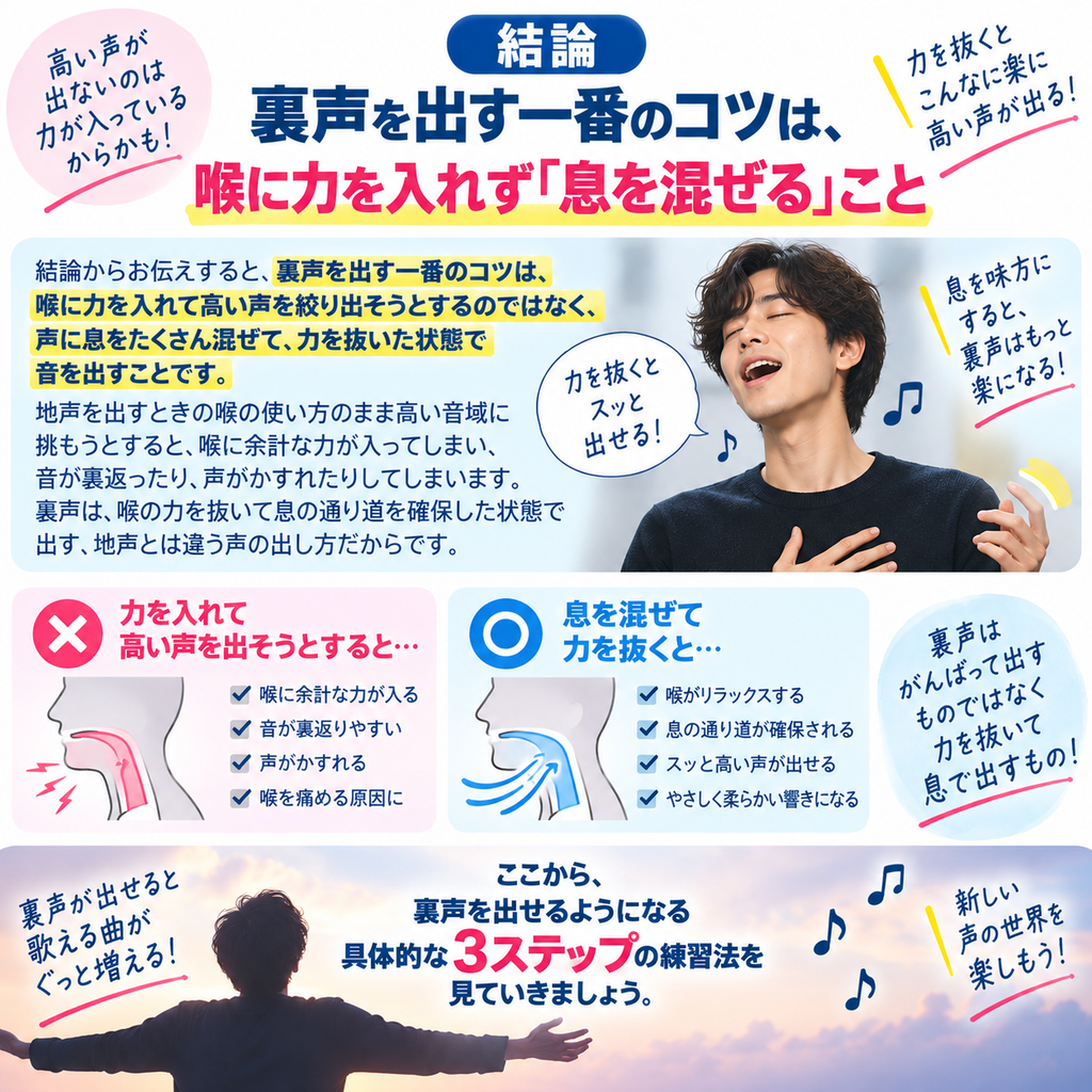 裏声の一番のコツは喉に力を入れずに息を混ぜること